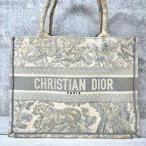 Christian Dior Medium Book Tote Toile de Jouy Beige Gray Canvas Bag